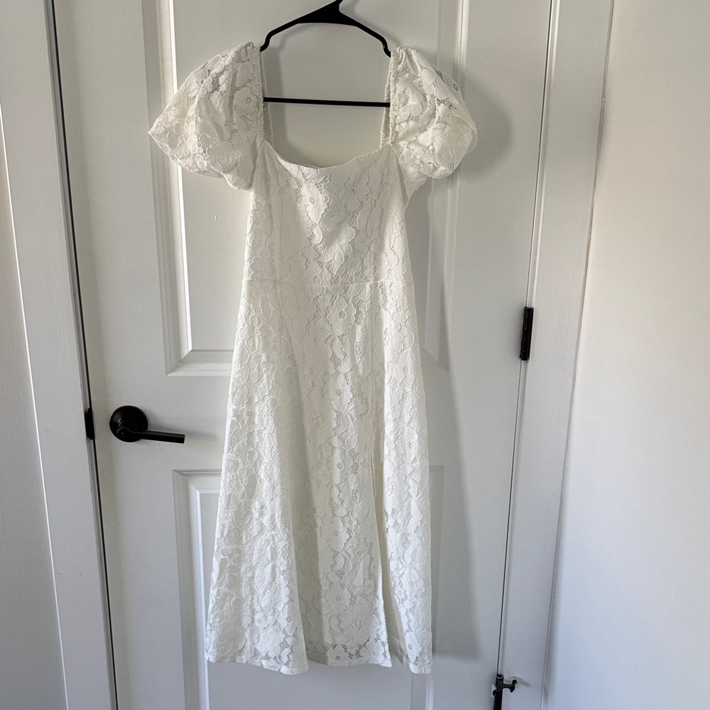 miami White Lace Puff-Sleeve Midi Dress